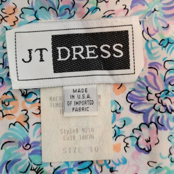 Vintage 1980sJT Dress Floral Wrap Dress with Blue and Pink Accents Size 10